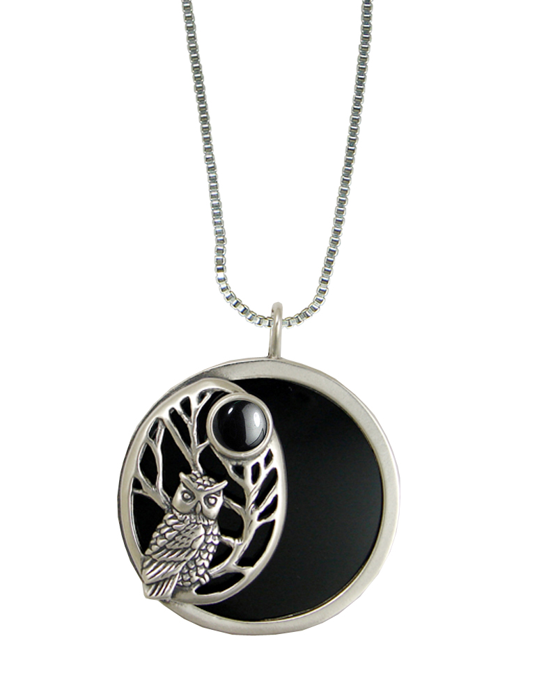 Sterling Silver Black Onyx Disc Wise Owl Pendant Necklace With Hematite